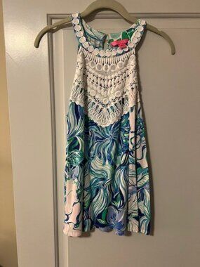Lilly Pulitzer Dawn Halter Top Blue Floral print Crochet High Neck - Size M